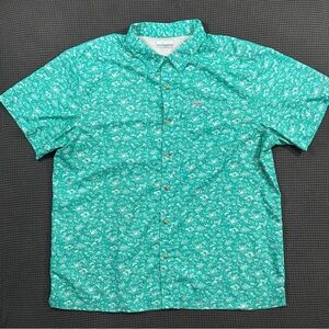 Columbia PFG Fishing ShirtXL Teal Green Fish Print Vented Short Sleeve Button Up